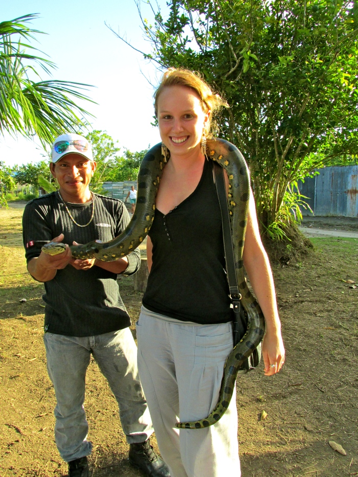 I decided I couldn't give up the opportunity to hold an anaconda (even just a baby one) in the Amazon… but I couldn't get that thing off me fast enough!!!