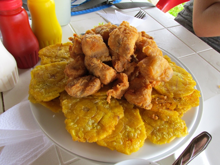 Lunch in Peru - fried plantains and large chunks of some fish from the Amazon